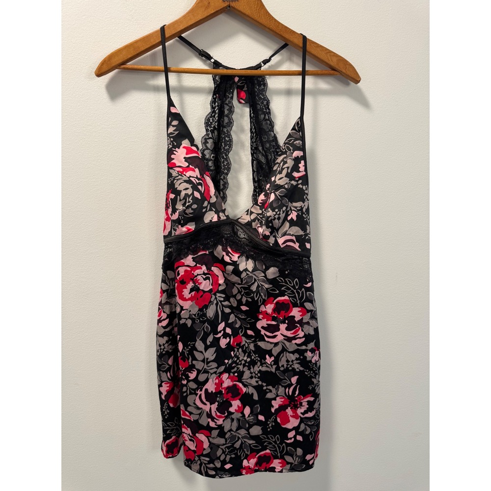 Nanette Lepore Floral Lace Racerback Chemise Nightgown Dress Black Pink Small